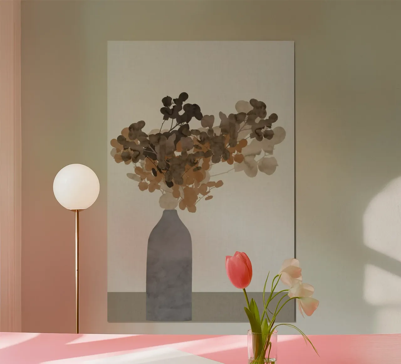 Rostbraune getrocknete Blumen in Vase auf Tisch II Poster mit Aluminium Rahmen von Cartissi