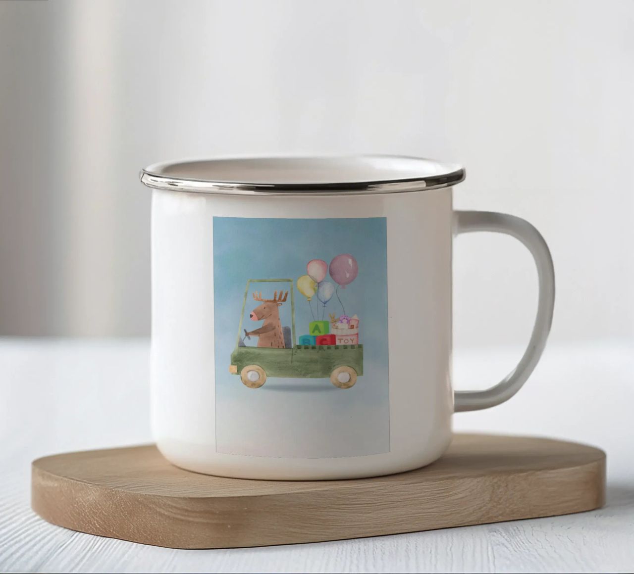 Renne in un'avventura giocattolo tazza in smalto da Doodle Dreams Art