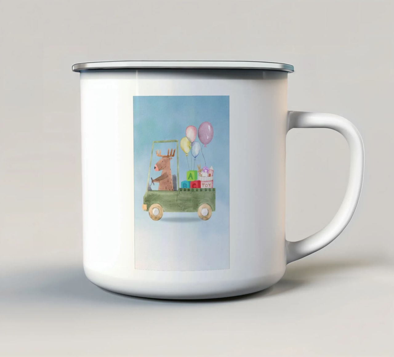 Renne in un'avventura giocattolo tazza in smalto da Doodle Dreams Art