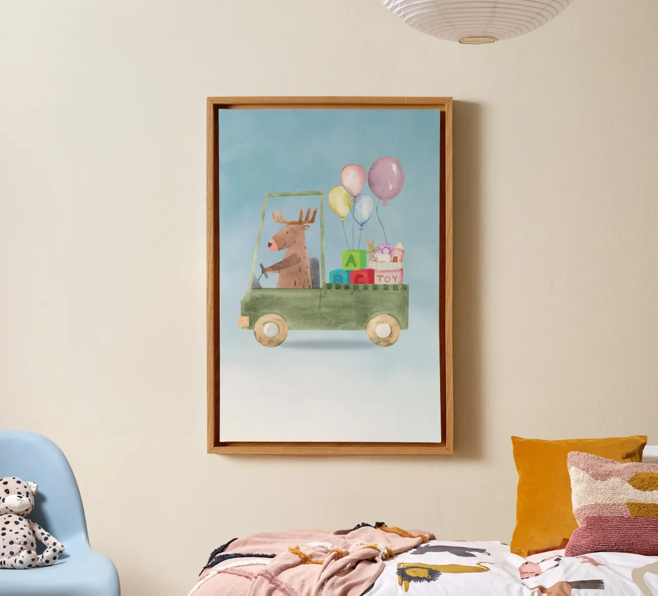 Reindeer on a Toy Adventure canvas with Floater frame by Doodle Dreams Art