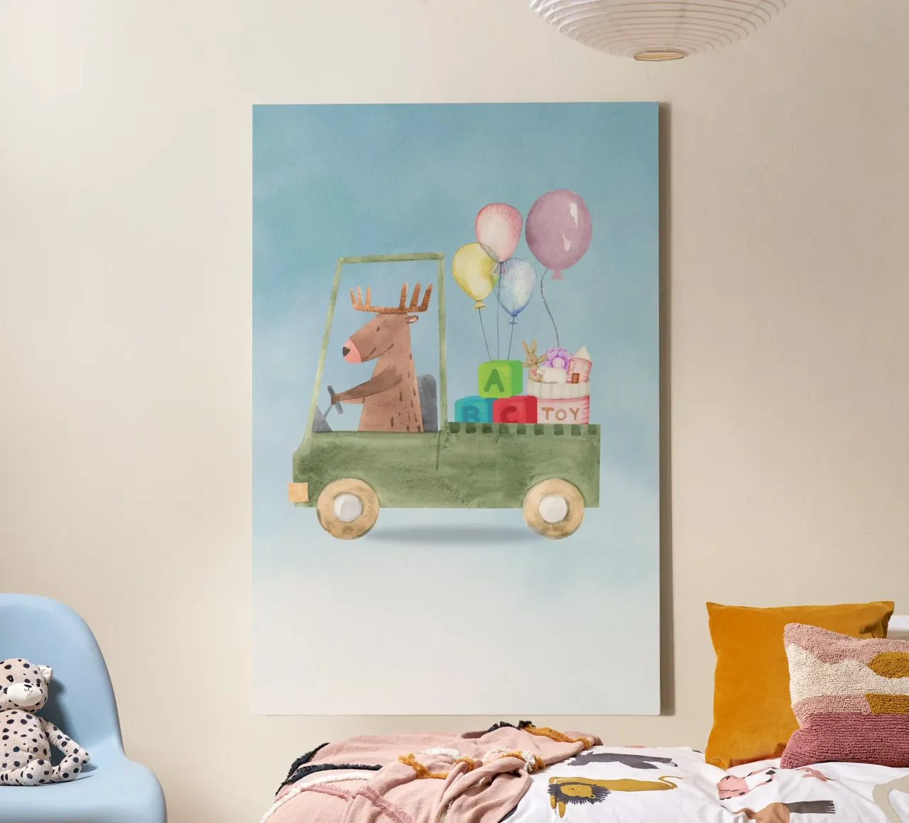 Reindeer on a Toy Adventure canvas with Floater frame by Doodle Dreams Art