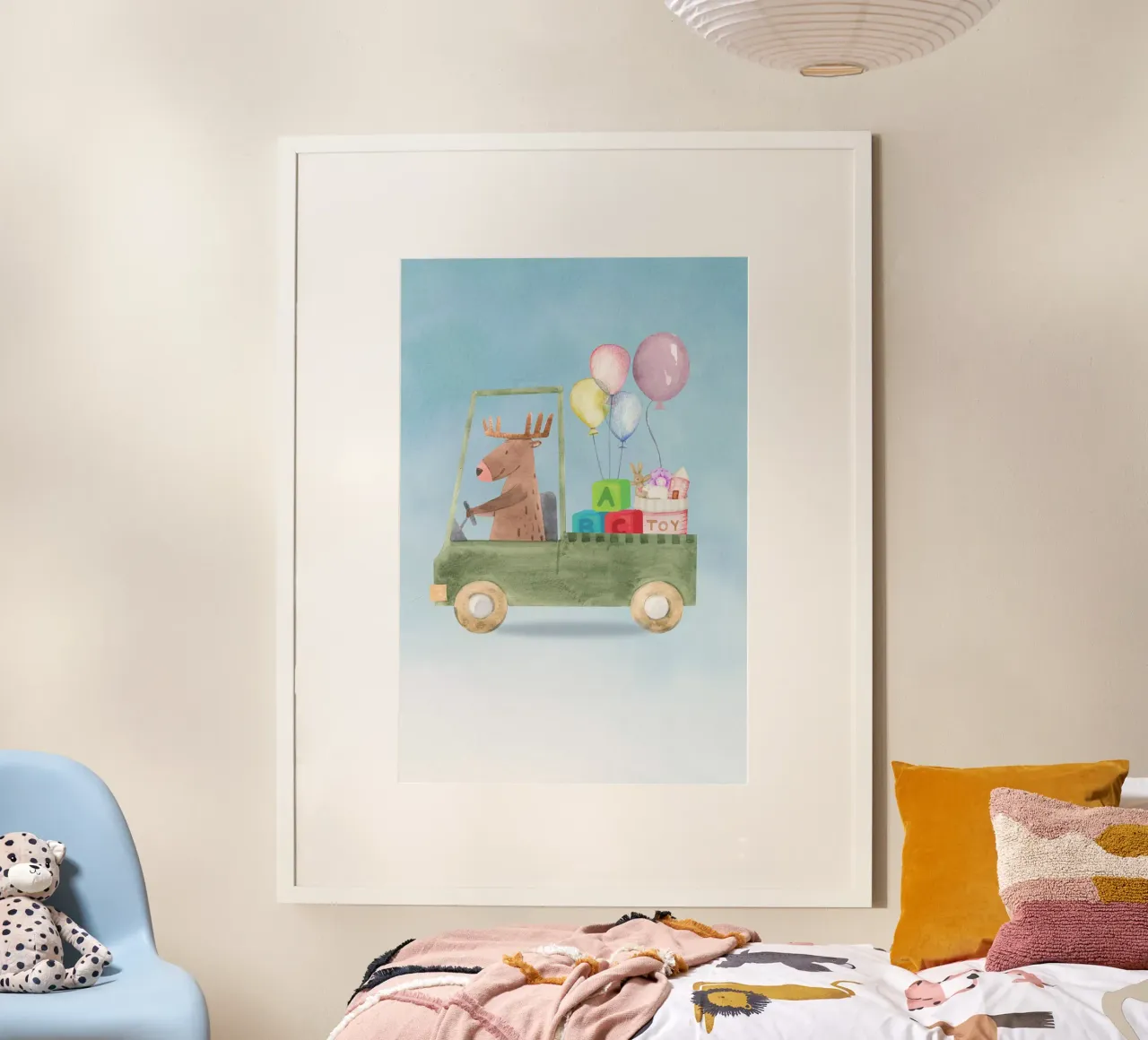 Un renne dans une aventure de jouets poster avec cadre en aluminium de Doodle Dreams Art
