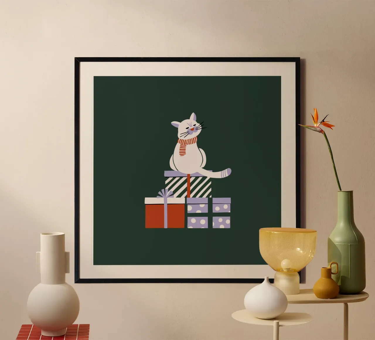 Merry Catmas | dunkelgrün poster con telaio in legno da modeern