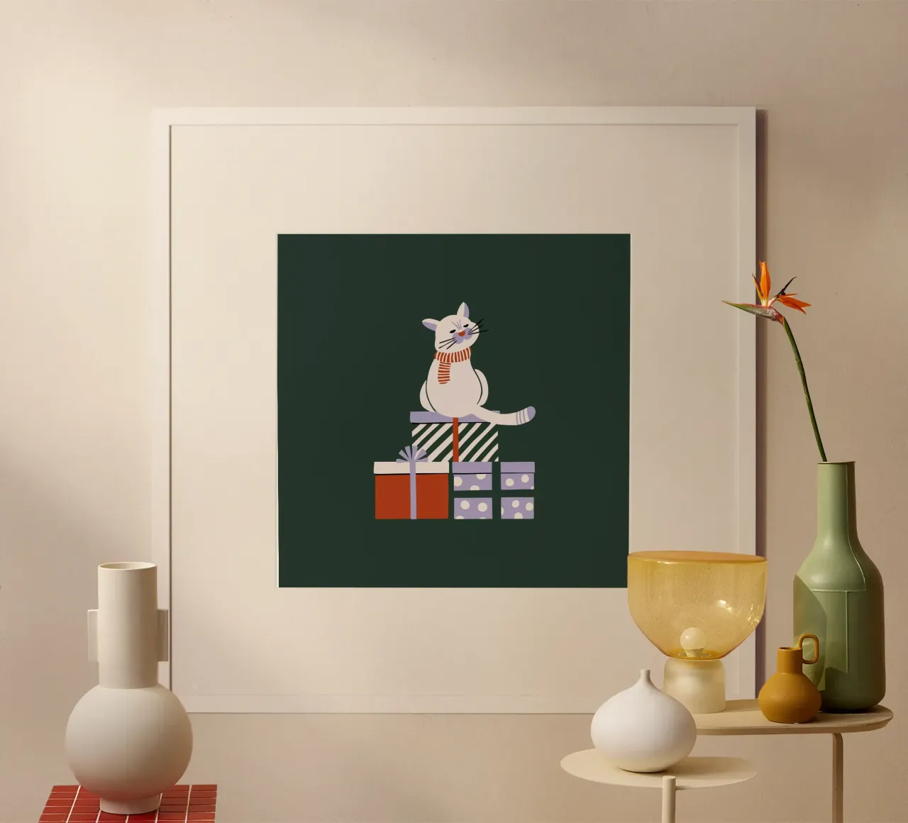 Merry Catmas | dunkelgrün poster con telaio in legno da modeern