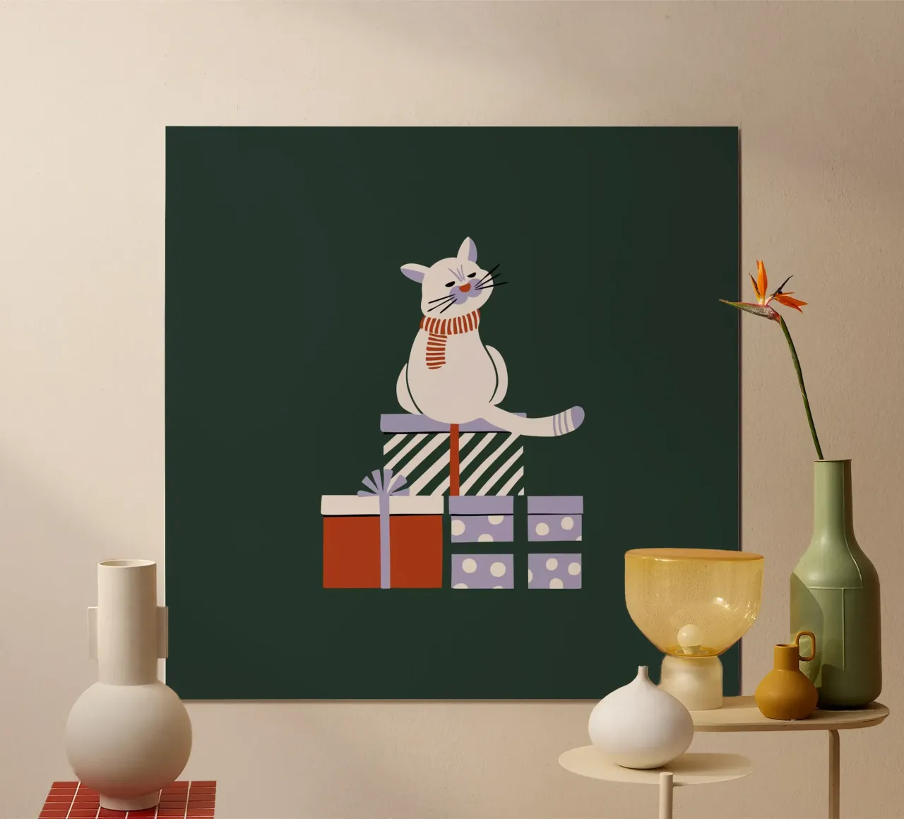Merry Catmas | dunkelgrün poster con telaio in legno da modeern