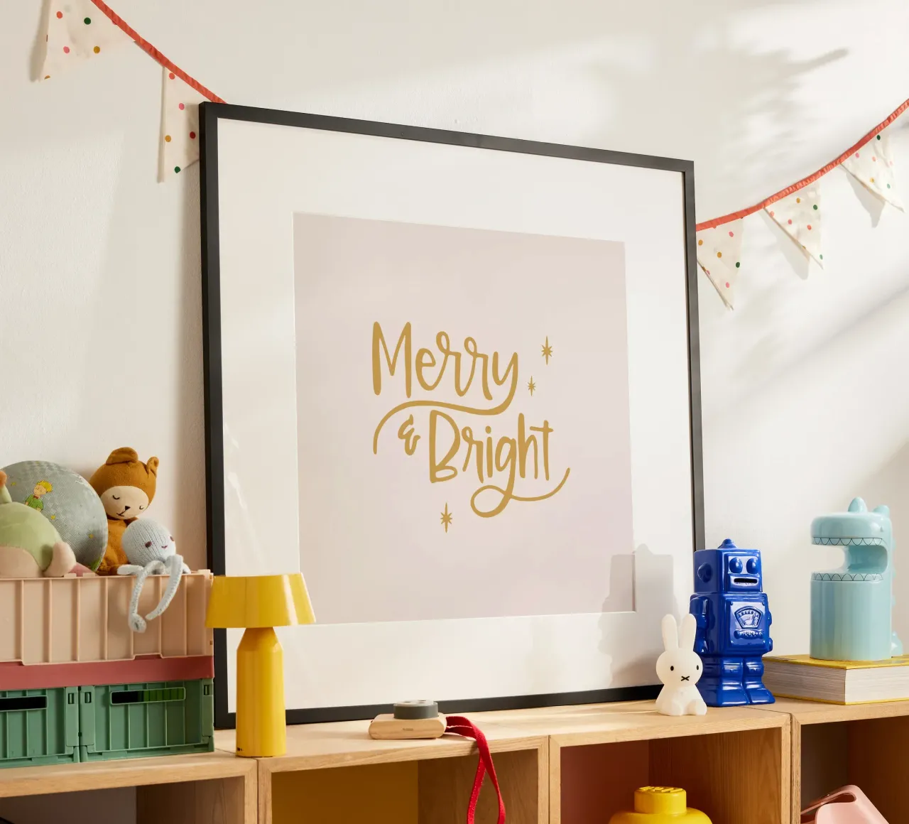 Merry & Bright | beige poster with aluminum frame by modeern
