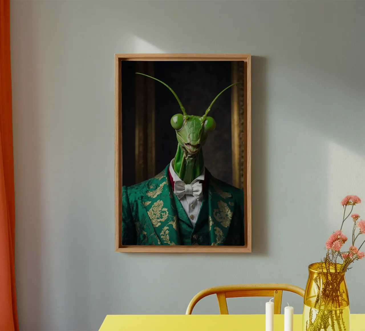 Sebastian the Elegant – The Praying Mantis Philosopher canvas with Floater frame by Beasts of Nobility