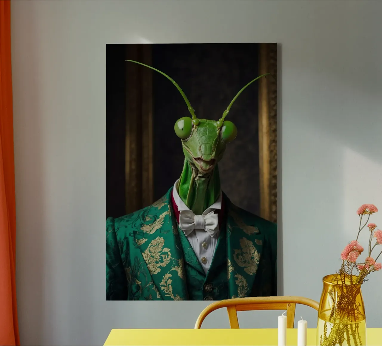 Sebastian the Elegant – The Praying Mantis Philosopher canvas with Floater frame by Beasts of Nobility