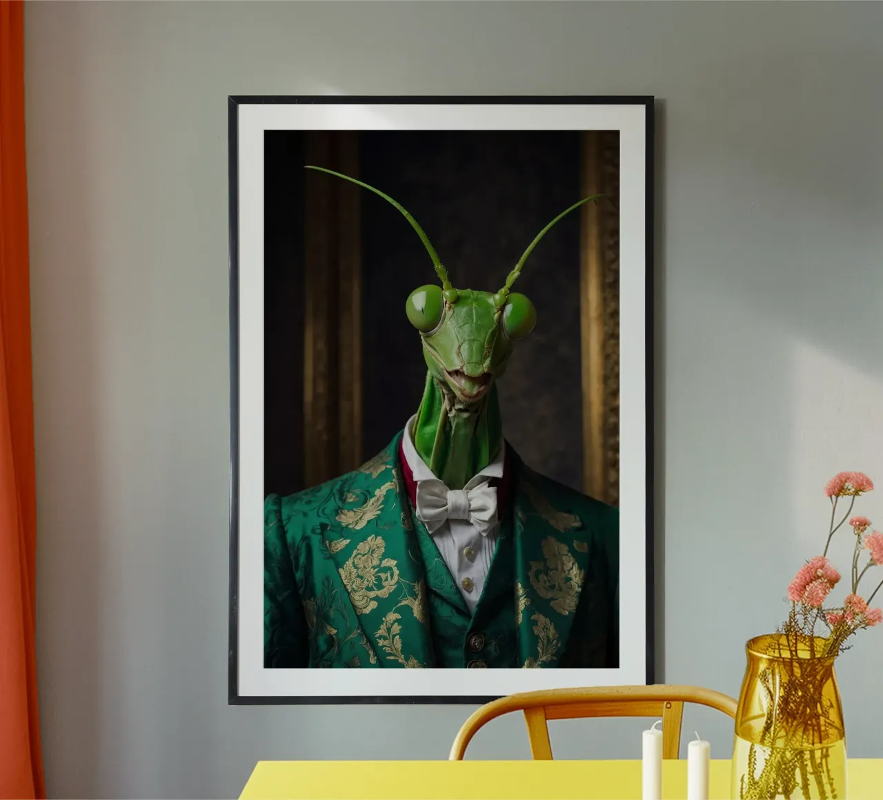 Sebastian the Elegant – The Praying Mantis Philosopher poster with plastic frame by Beasts of Nobility