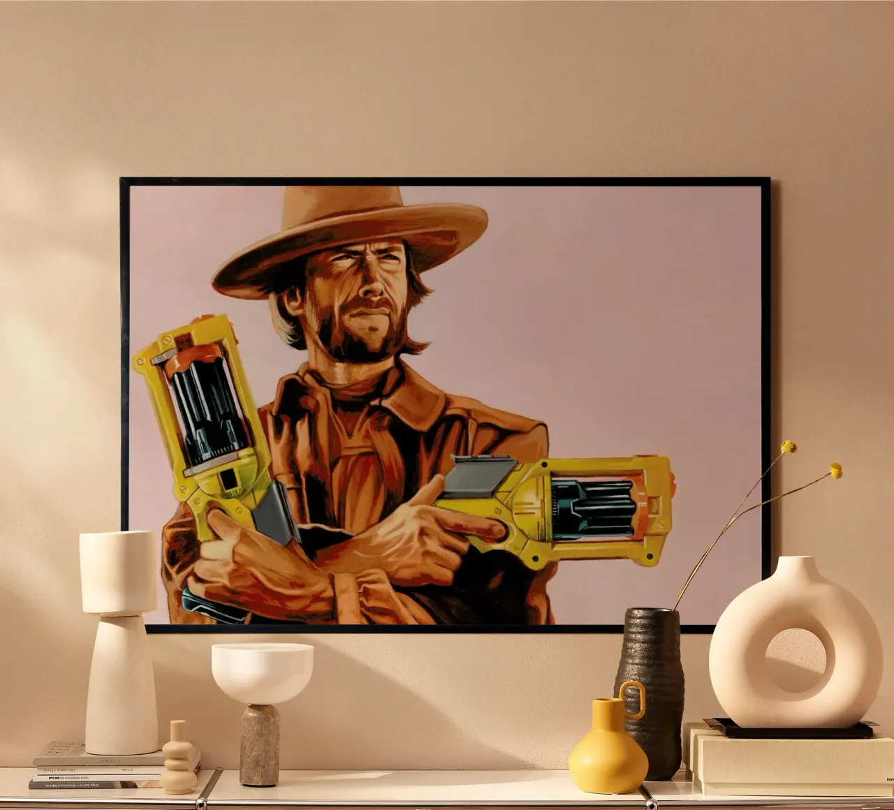 You Gonna Pull Those Pistols Or Whistle Dixie poster con telaio in plastica da Jared Yamahata