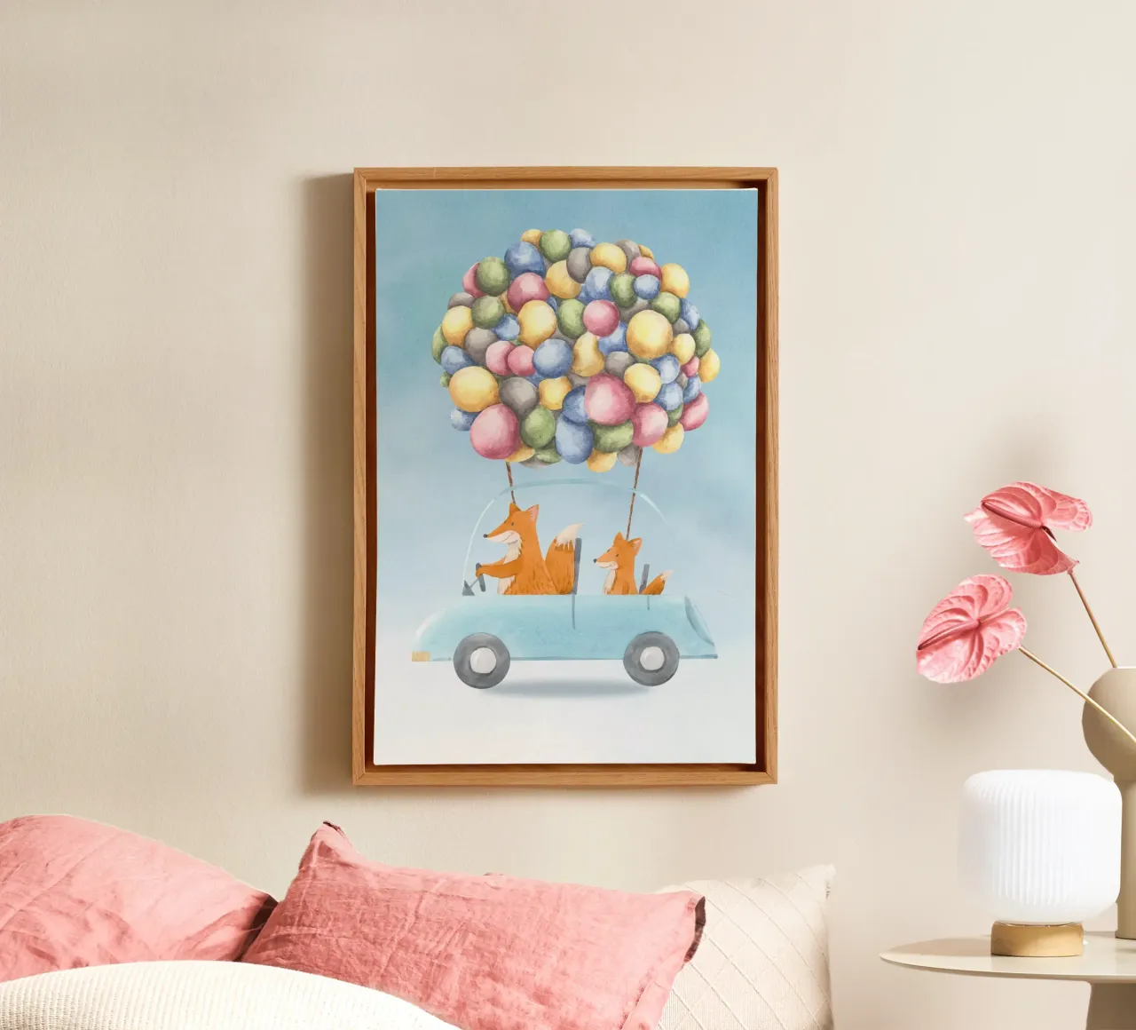Fox Family’s Colorful Journey canvas with Floater frame by Doodle Dreams Art