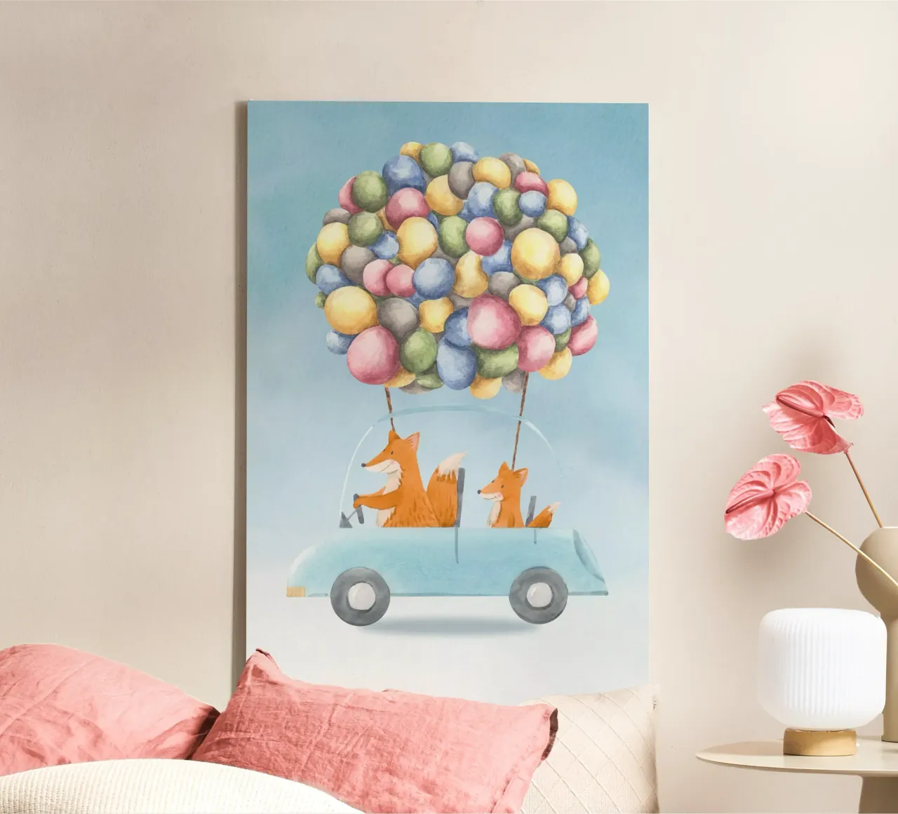 Fox Family’s Colorful Journey canvas with Floater frame by Doodle Dreams Art