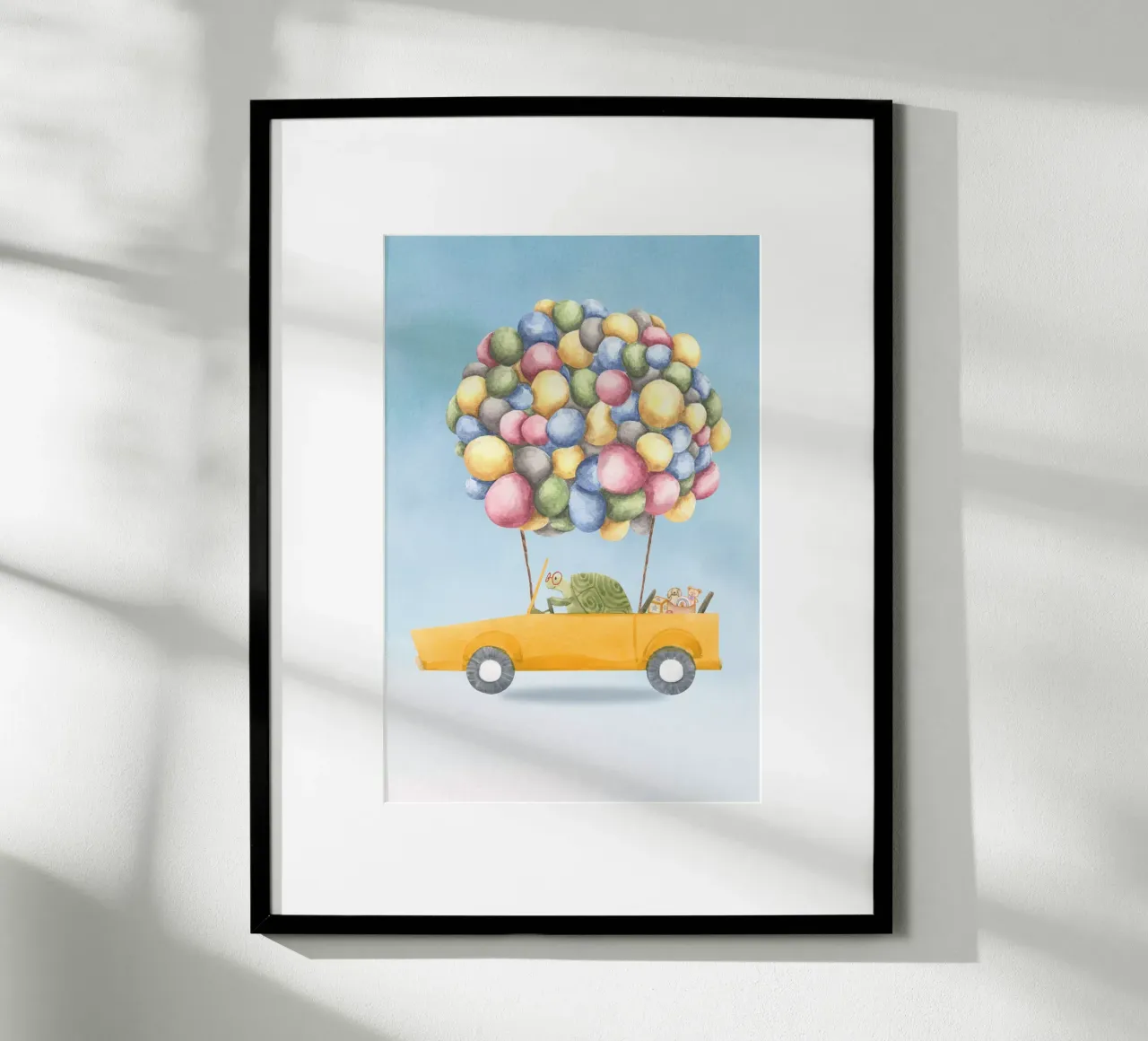 La cavalcata gioiosa della tartaruga poster con telaio in alluminio da Doodle Dreams Art