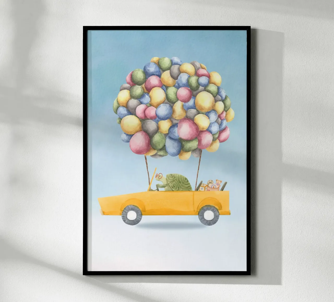 La cavalcata gioiosa della tartaruga poster con telaio in alluminio da Doodle Dreams Art