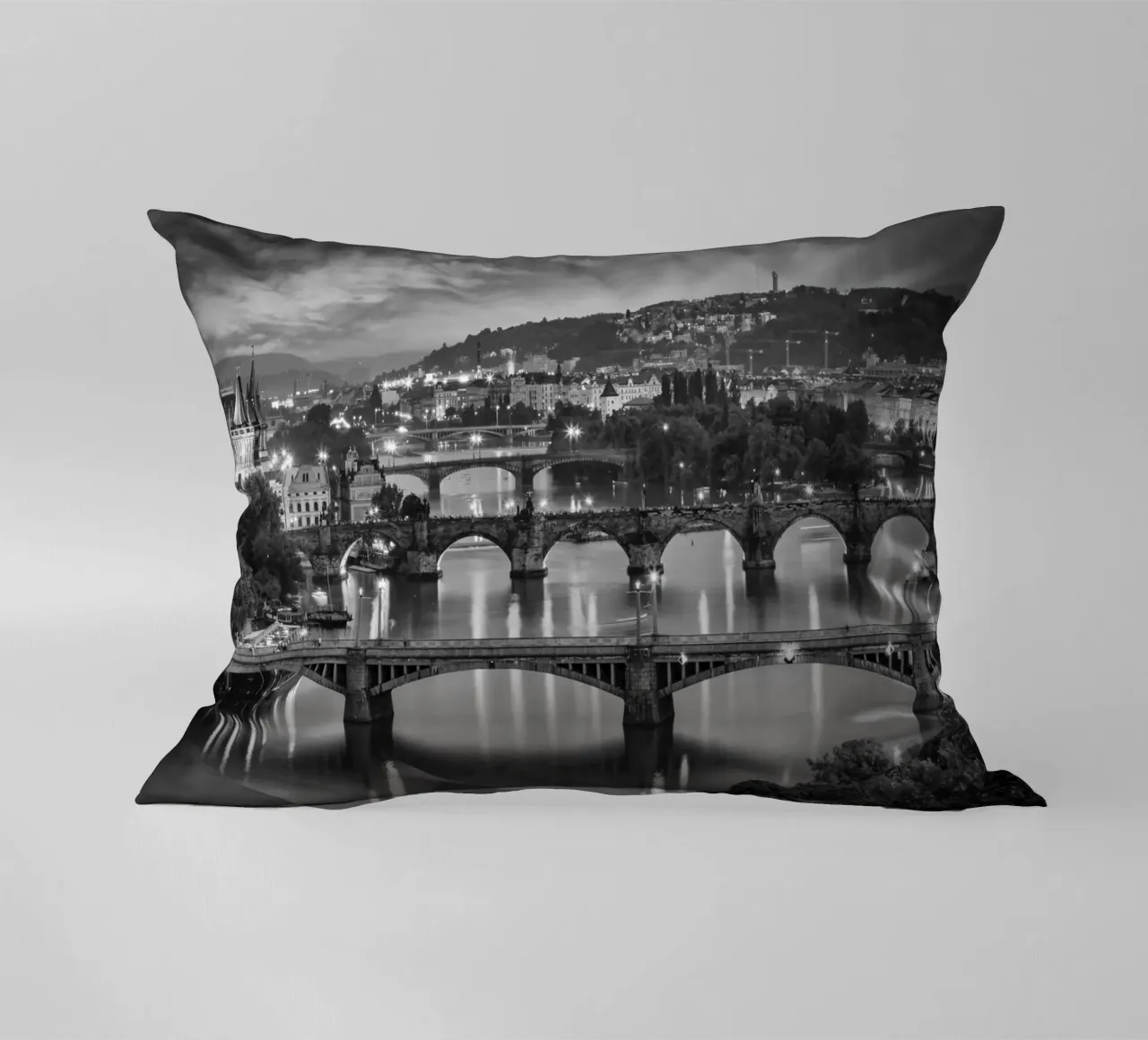 Evening view over the Vltava bridges in Prague - Monochrom decorative cushion by Melanie Viola