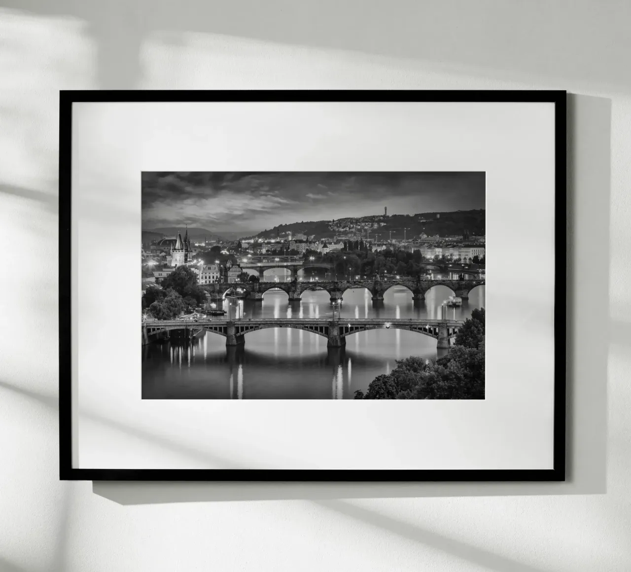 Evening view over the Vltava bridges in Prague - Monochrom hahnemühle by Melanie Viola