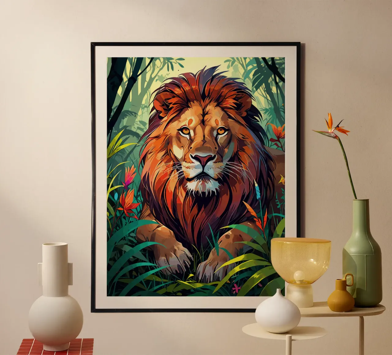 Löwen-Dschungel Poster mit Kunststoffrahmen von artdesign1985