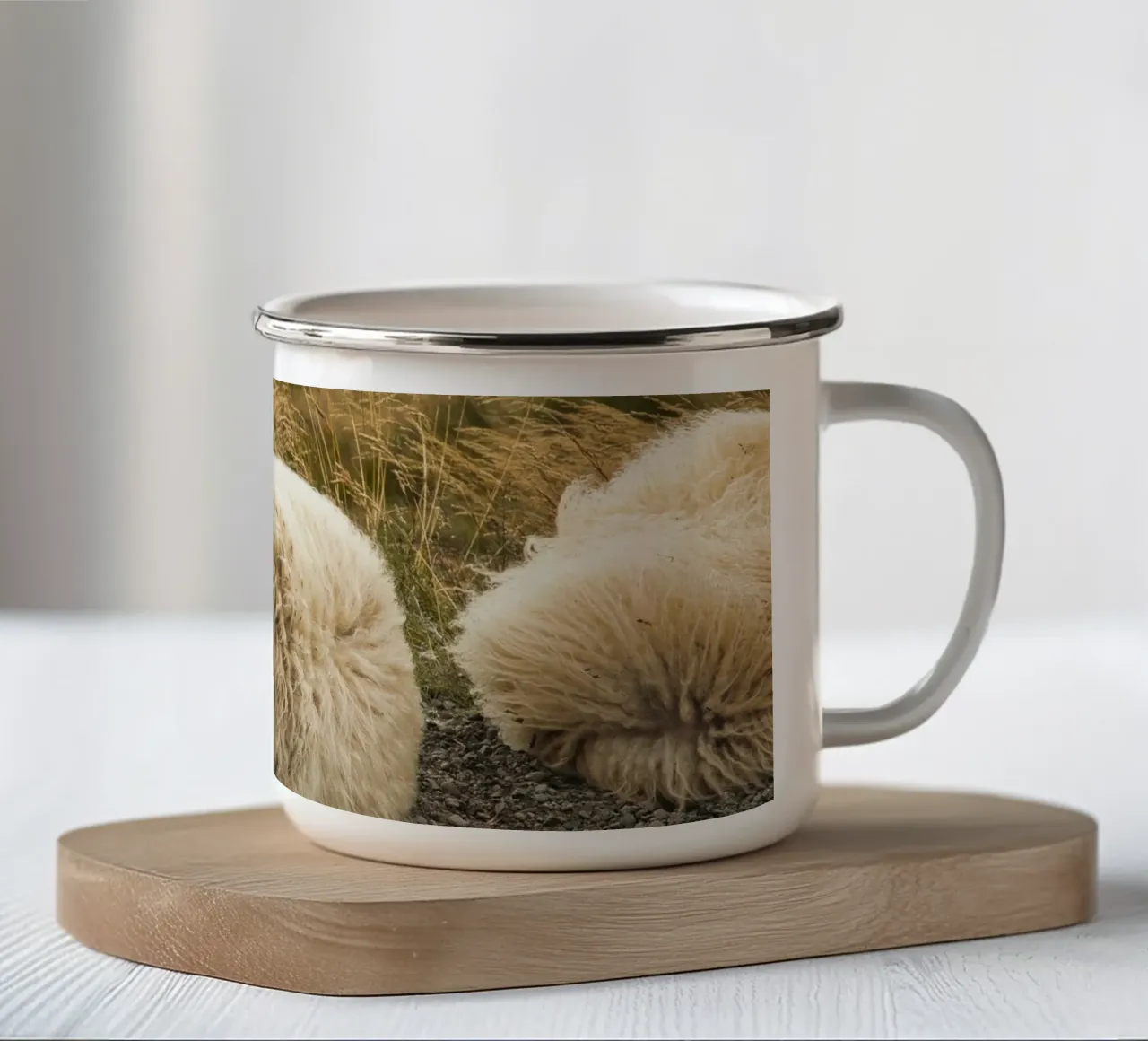 Pecore tranquille presso un fiordo islandese - Paesaggio sereno tazza in smalto da Ben & Clo creations
