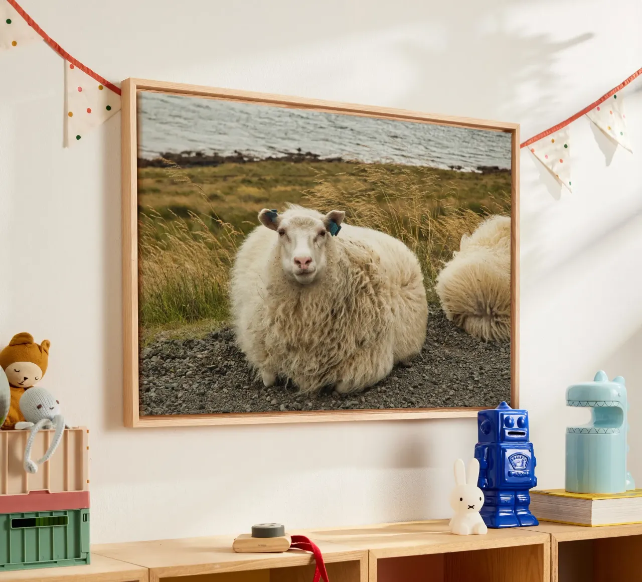 Peaceful Sheep by an Icelandic Fjord – Serene Landscape canvas with Floater frame by Ben & Clo creations