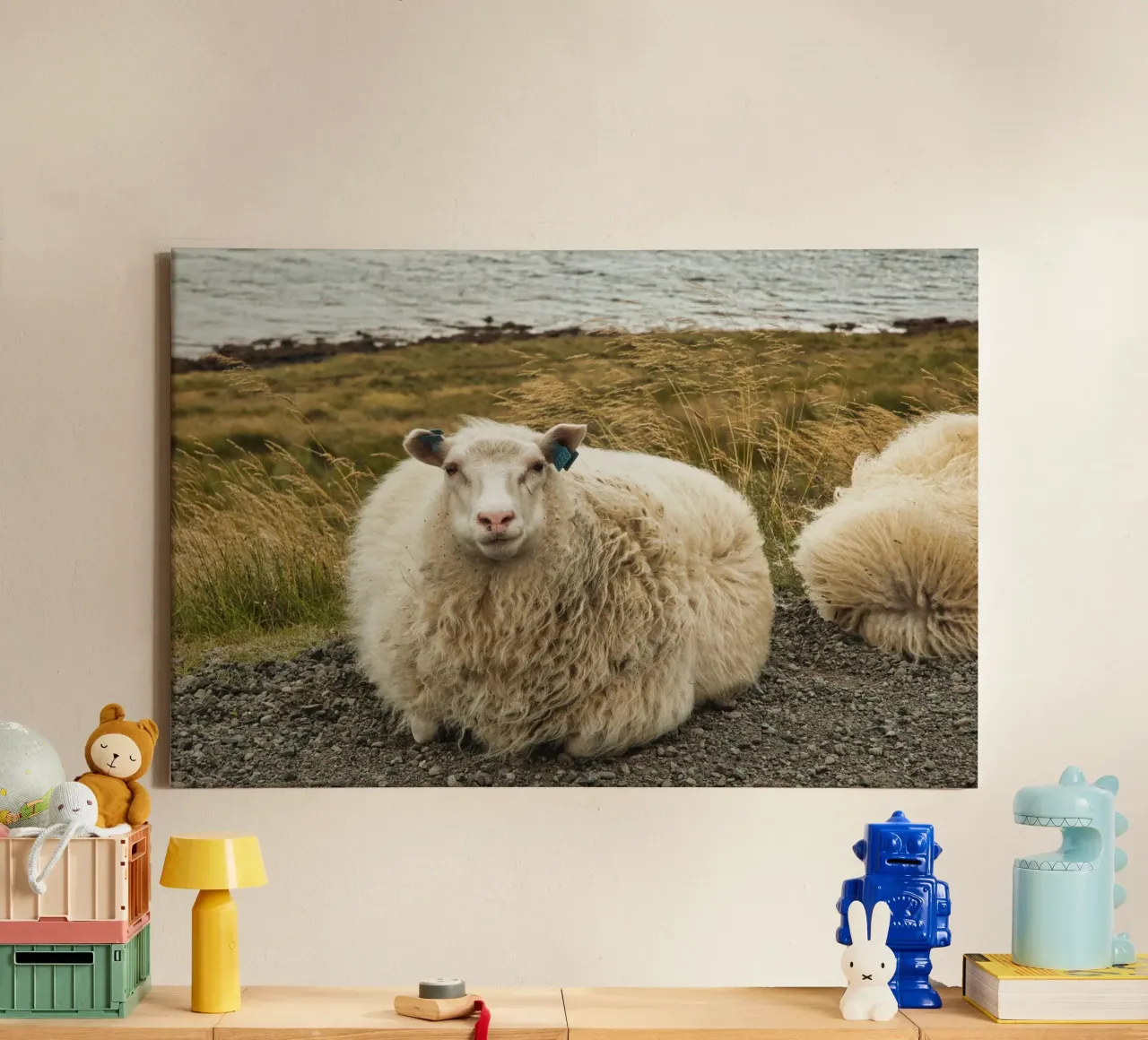 Peaceful Sheep by an Icelandic Fjord – Serene Landscape canvas with Floater frame by Ben & Clo creations