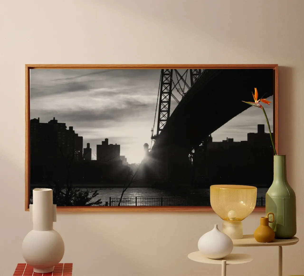 Zonsondergang over de Brooklyn Bridge - Majestueus uitzicht op New York canvas met Baklijst van Ben & Clo creations