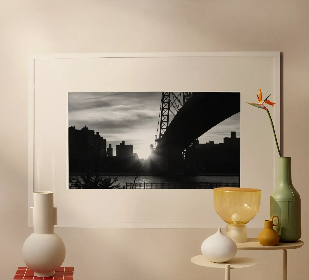 Tramonto sul ponte di Brooklyn - Maestosa vista di New York poster con telaio in alluminio da Ben & Clo creations