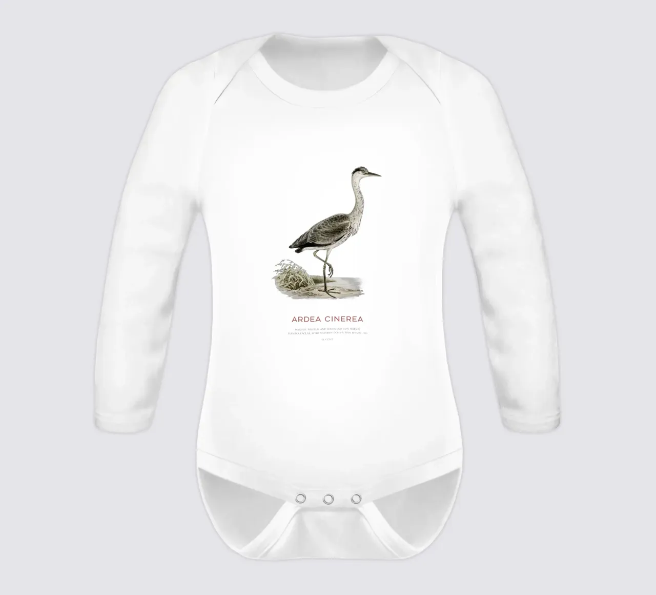 Grey heron or Ardea cinerea long-sleeve baby romper by Vintagrafica