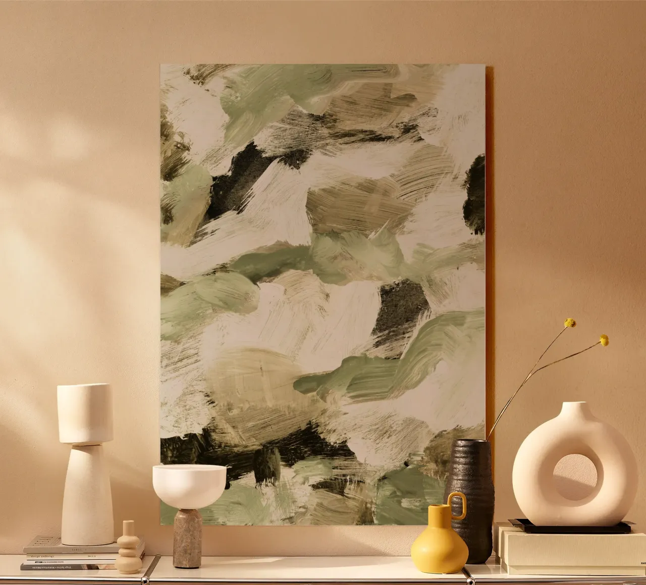 Abstract Painting VI Tan and Green plexiglass da IRIS LEHNHARDT FINE ART
