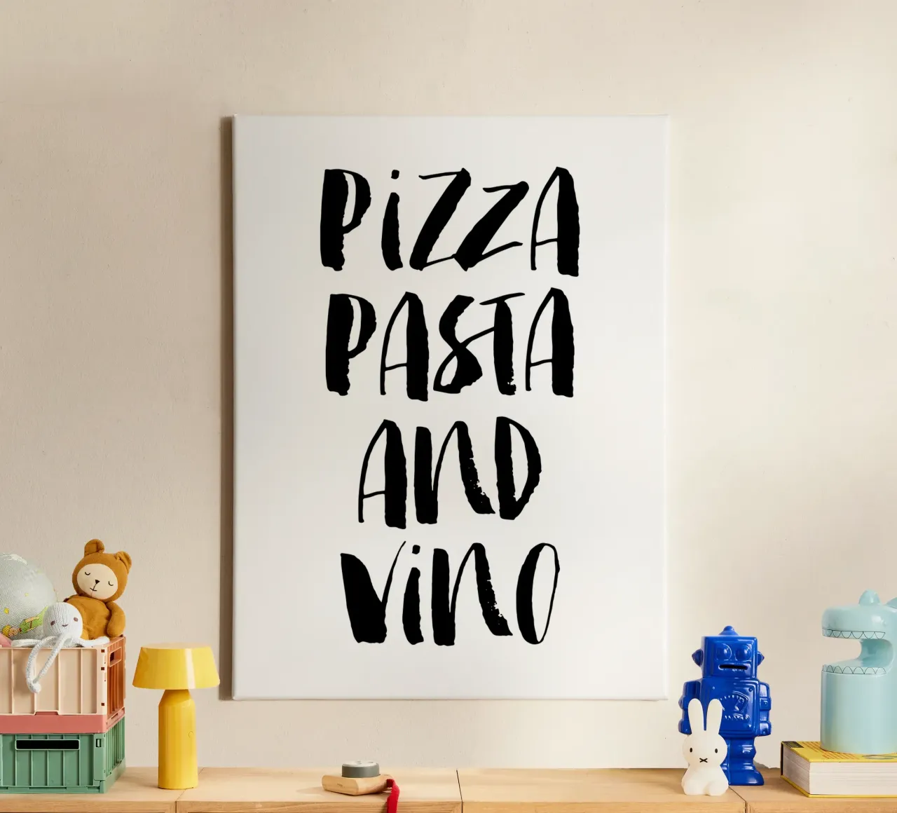 Pizza Pasta And Vino tela con Cornice a cassetta da THE MOTIVATED TYPE