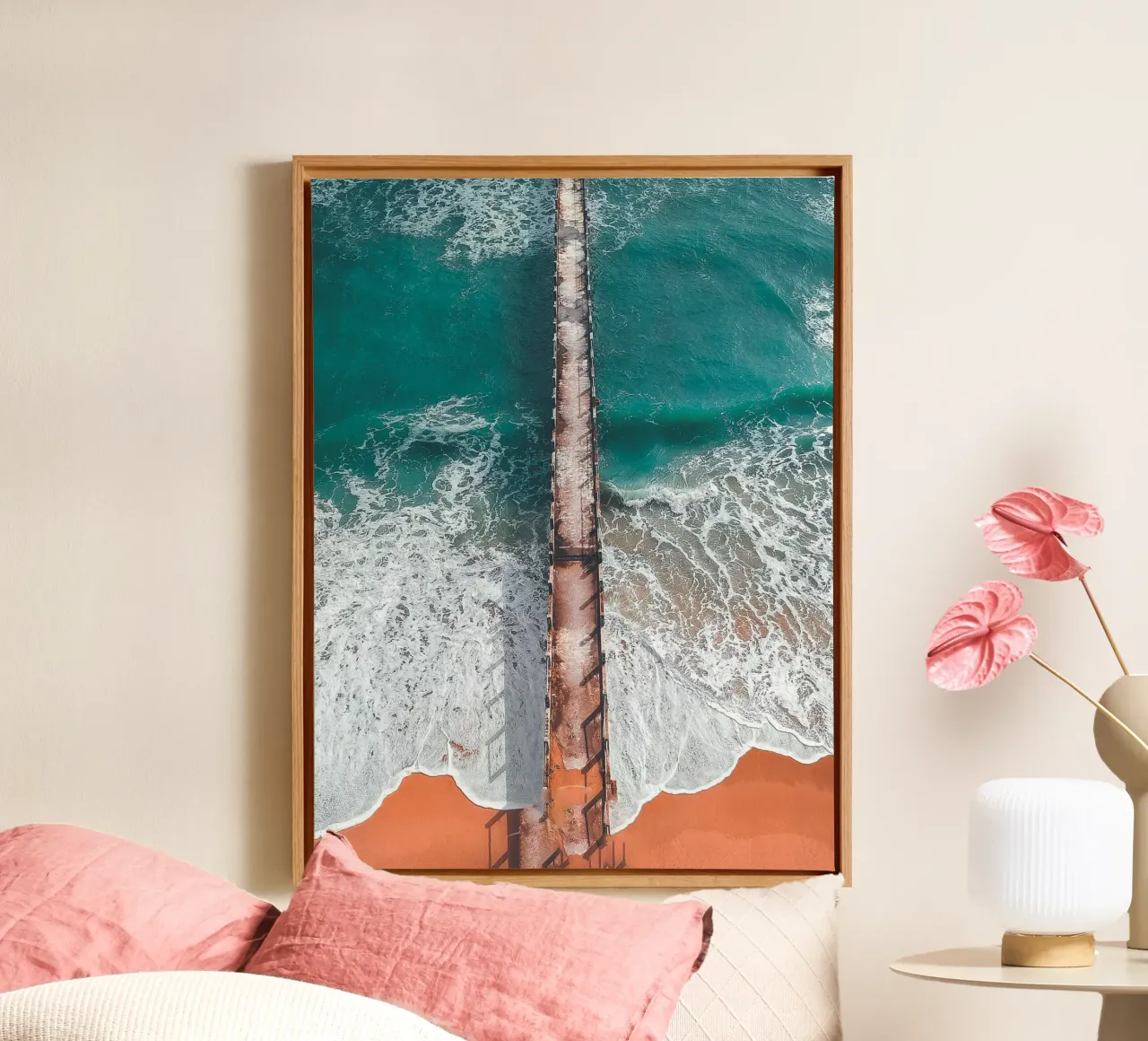 Stylish aerial view of the ocean - nature meets architecture canvas with Floater frame by Whole©