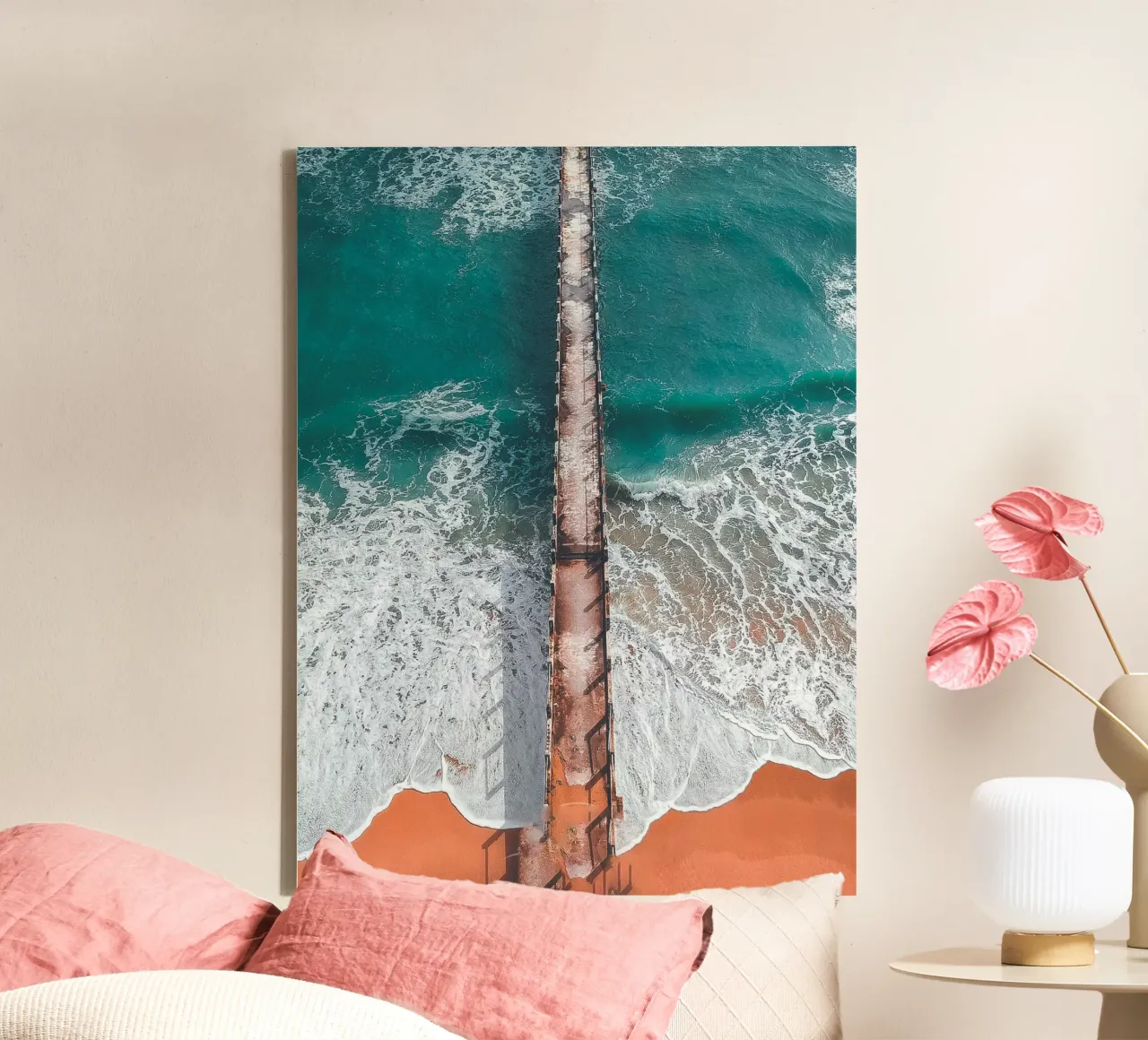 Stylish aerial view of the ocean - nature meets architecture canvas with Floater frame by Whole©