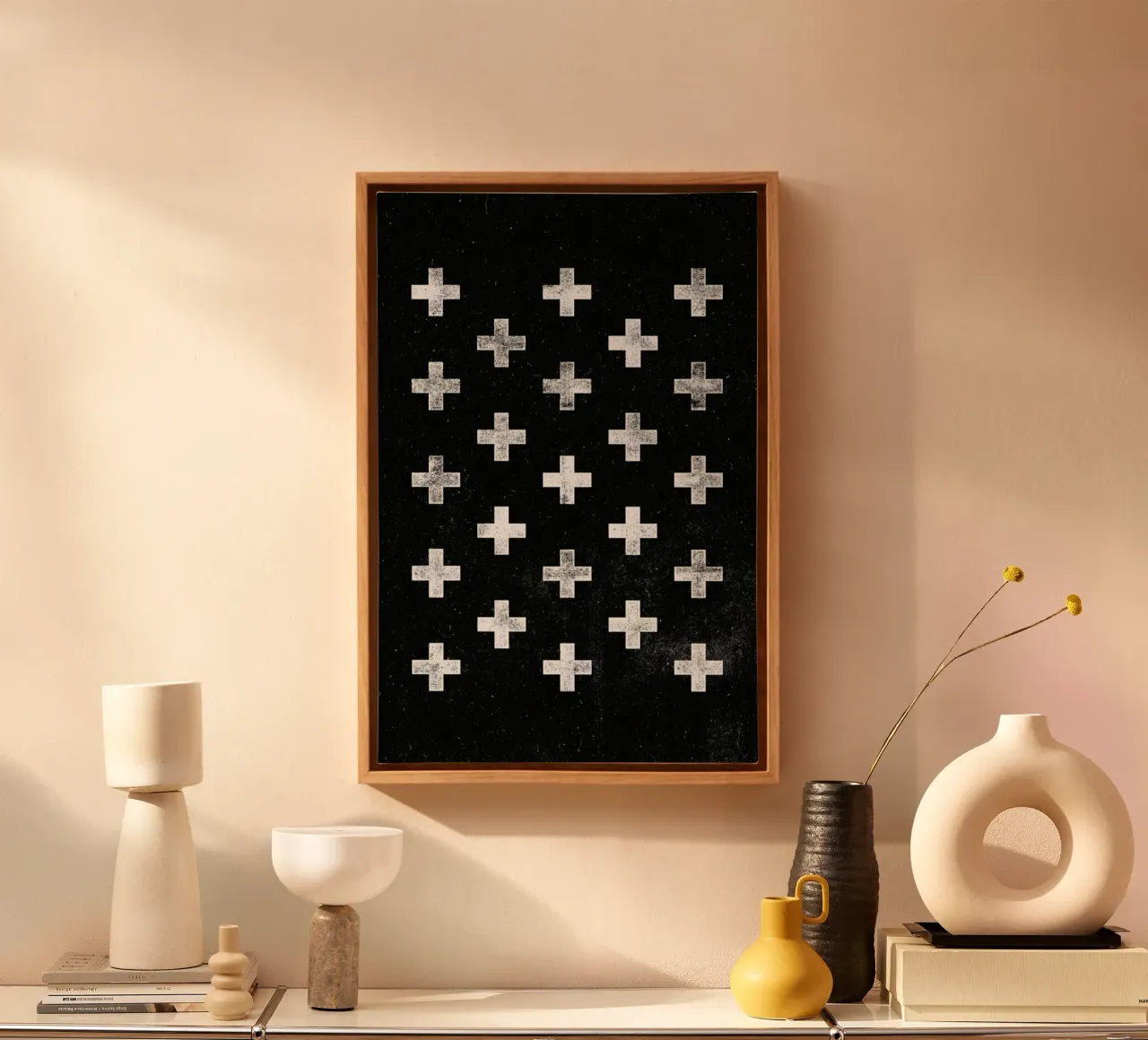 Swiss Cross Geometric Pattern in Monochrome Black and White canvas with Floater frame by THE MOTIVATED TYPE