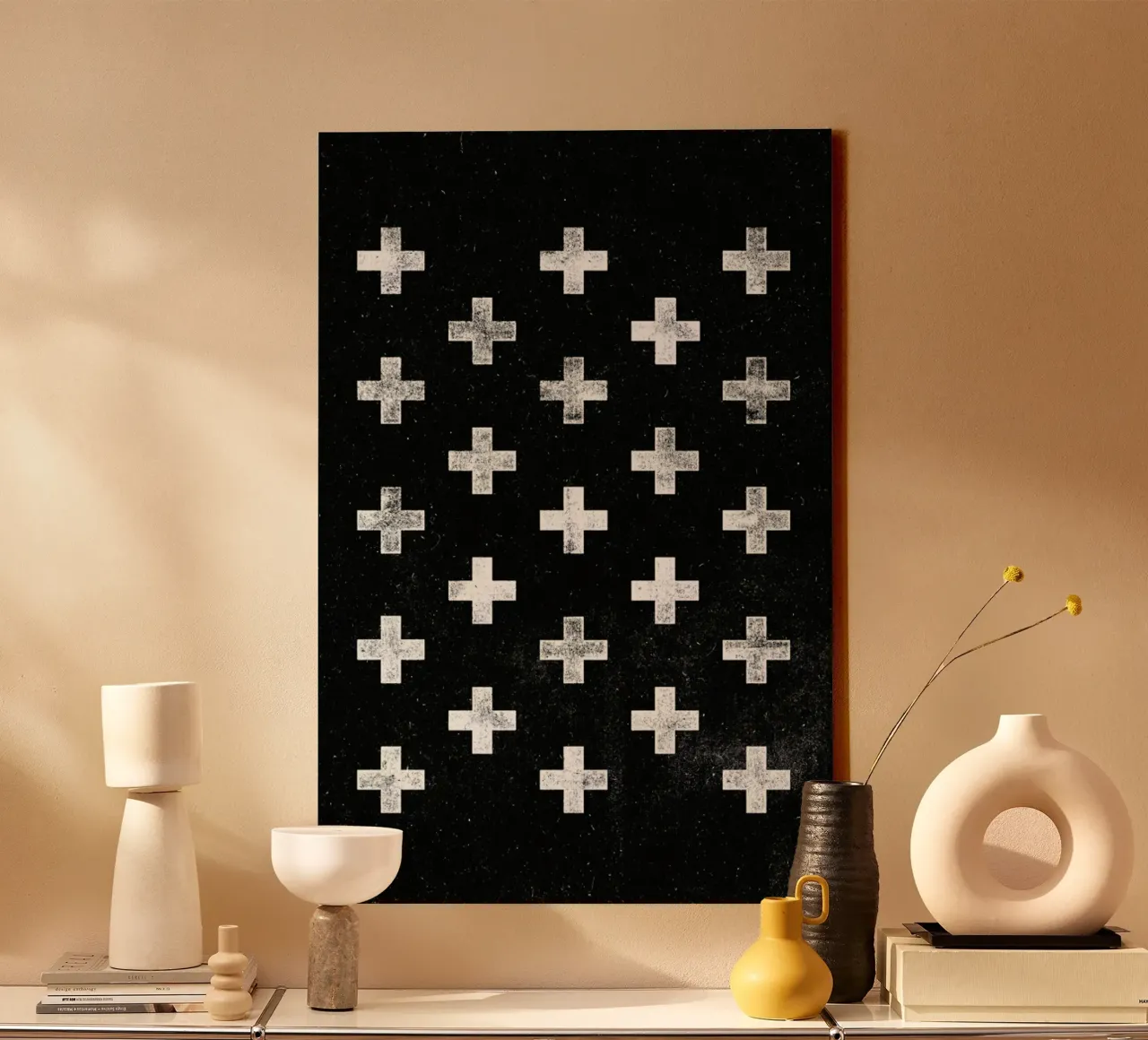 Swiss Cross Geometric Pattern in Monochrome Black and White canvas with Floater frame by THE MOTIVATED TYPE