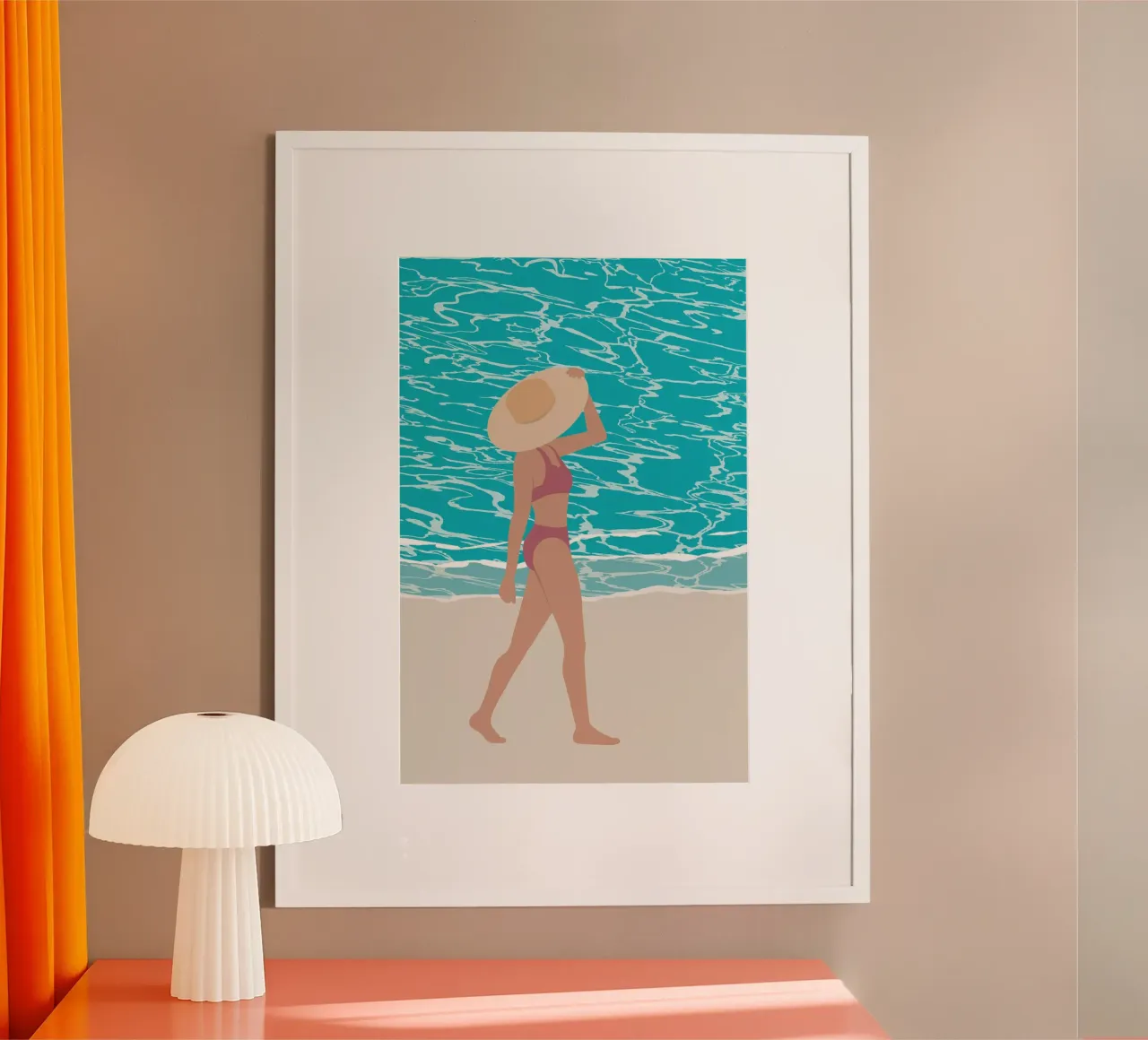 femme marchand sur la plage poster con telaio in alluminio da alexiableu