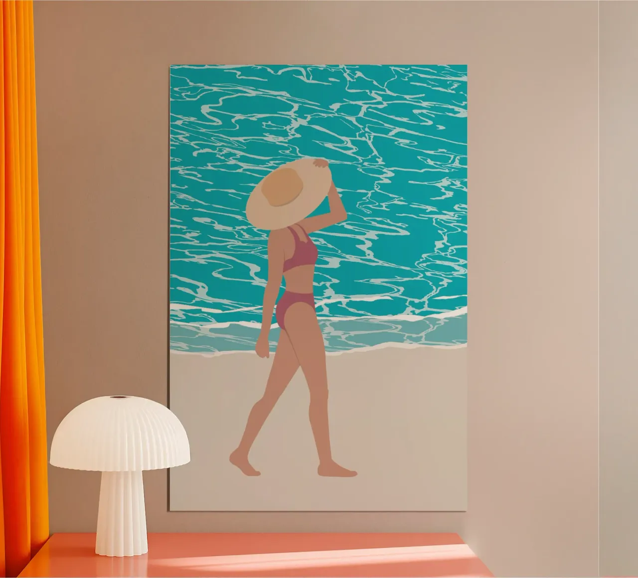femme marchand sur la plage poster con telaio in alluminio da alexiableu