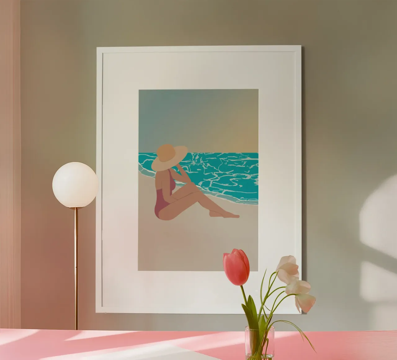 femme au chapeau assise sur la plage hahnemühle van alexiableu