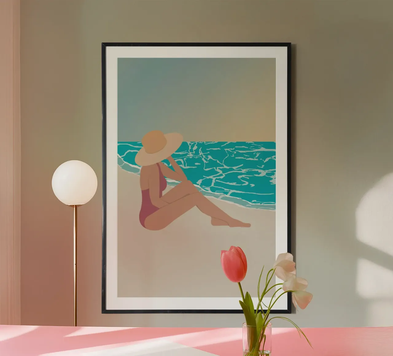 femme au chapeau assise sur la plage hahnemühle van alexiableu