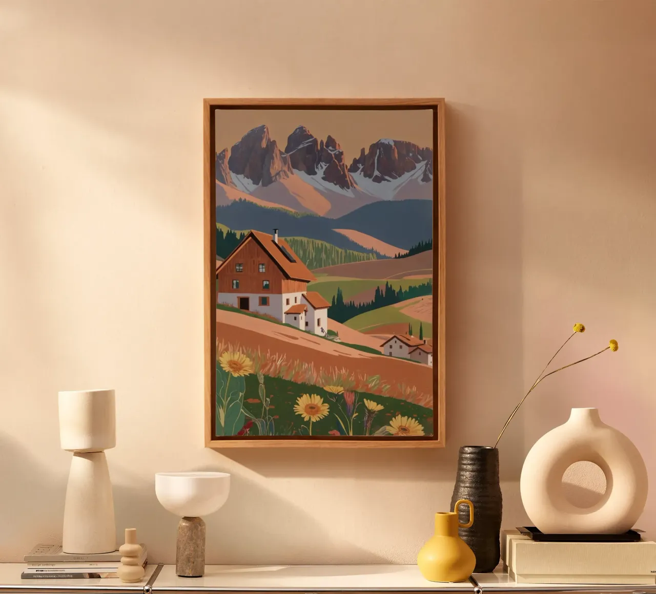 Three battlements with flowering meadows | Work 3 canvas with Floater frame by AlbertKlee