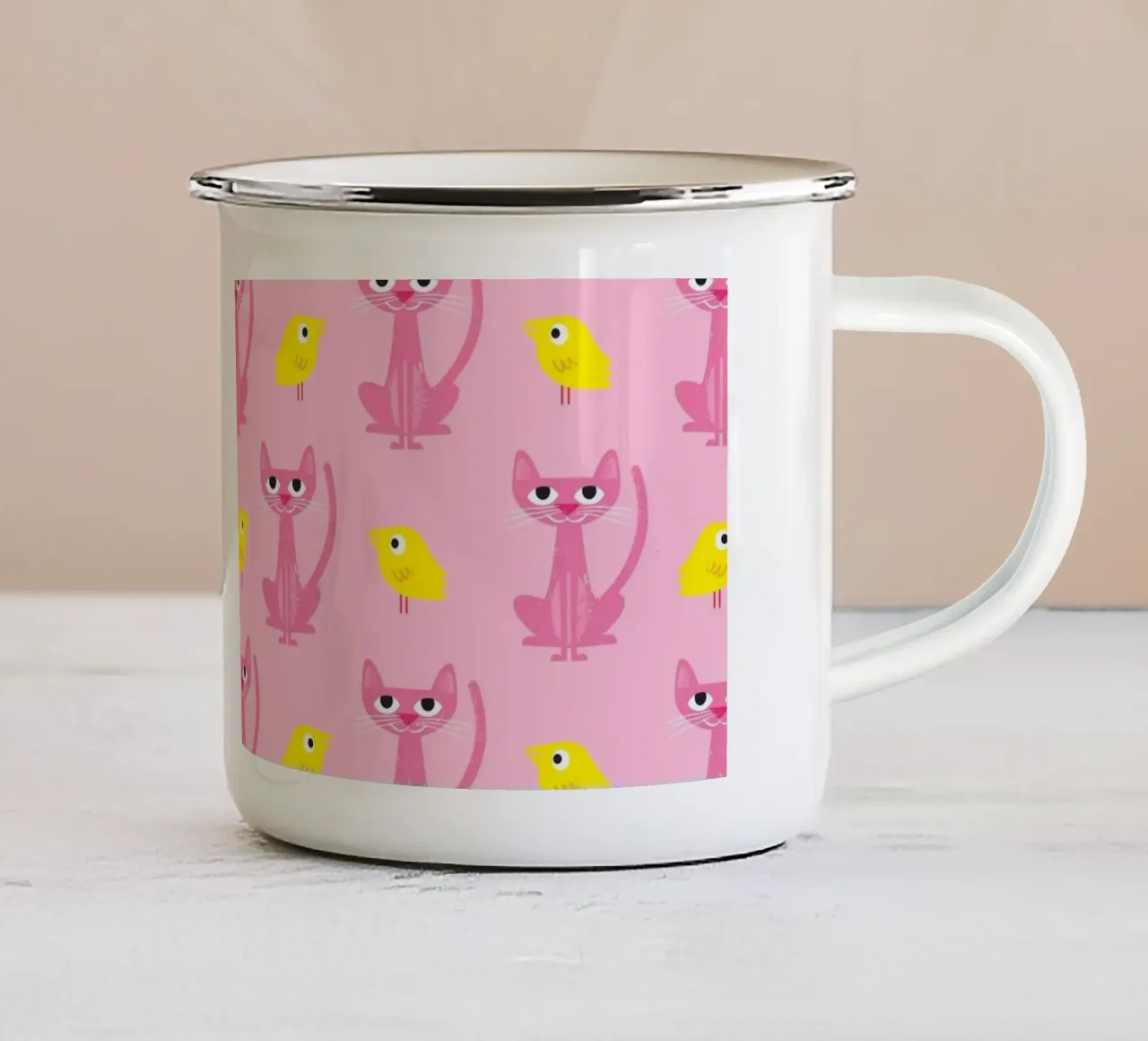 Gatto e uccello 01 tazza in smalto da Looks n Brains
