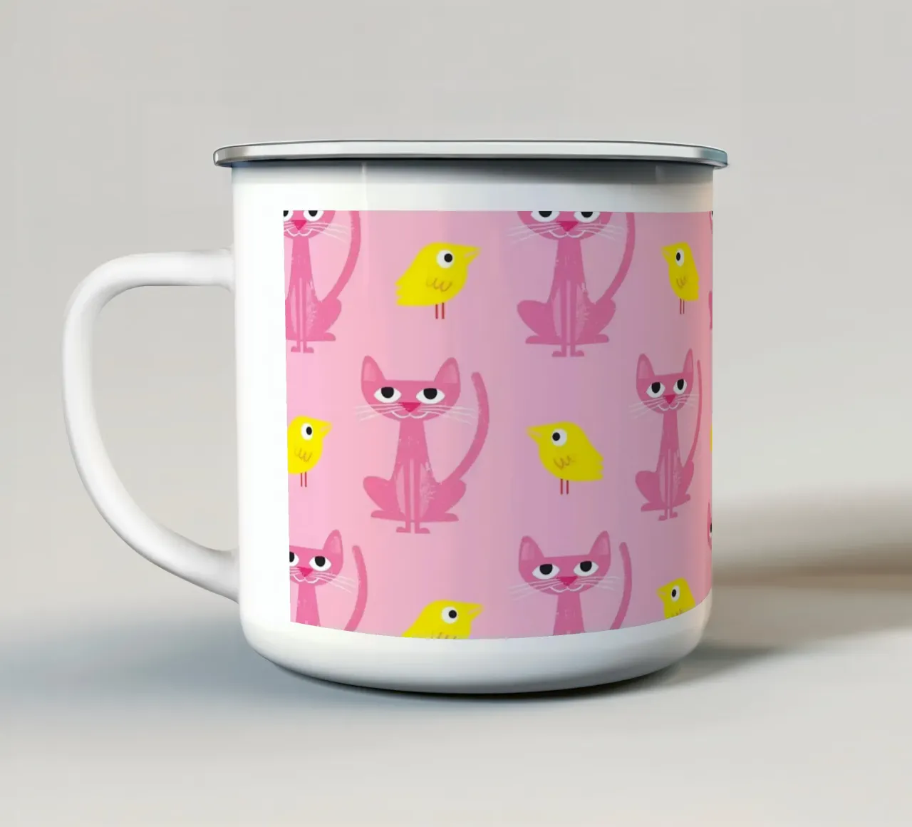 Gatto e uccello 01 tazza in smalto da Looks n Brains