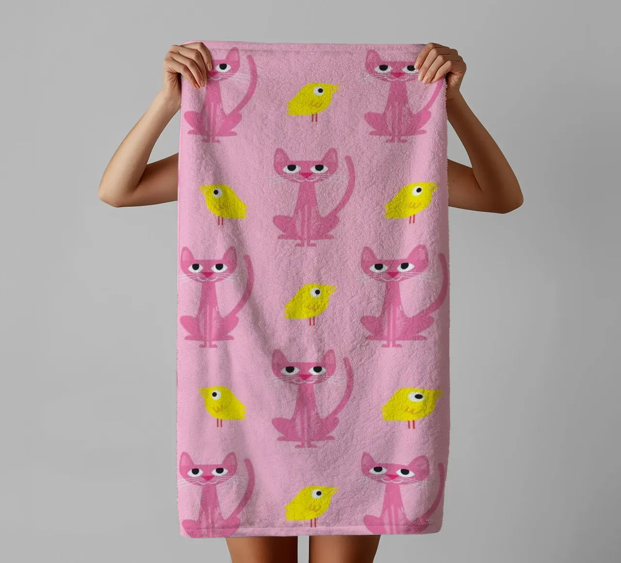 Cat and bird 01 towel by Looks n Brains