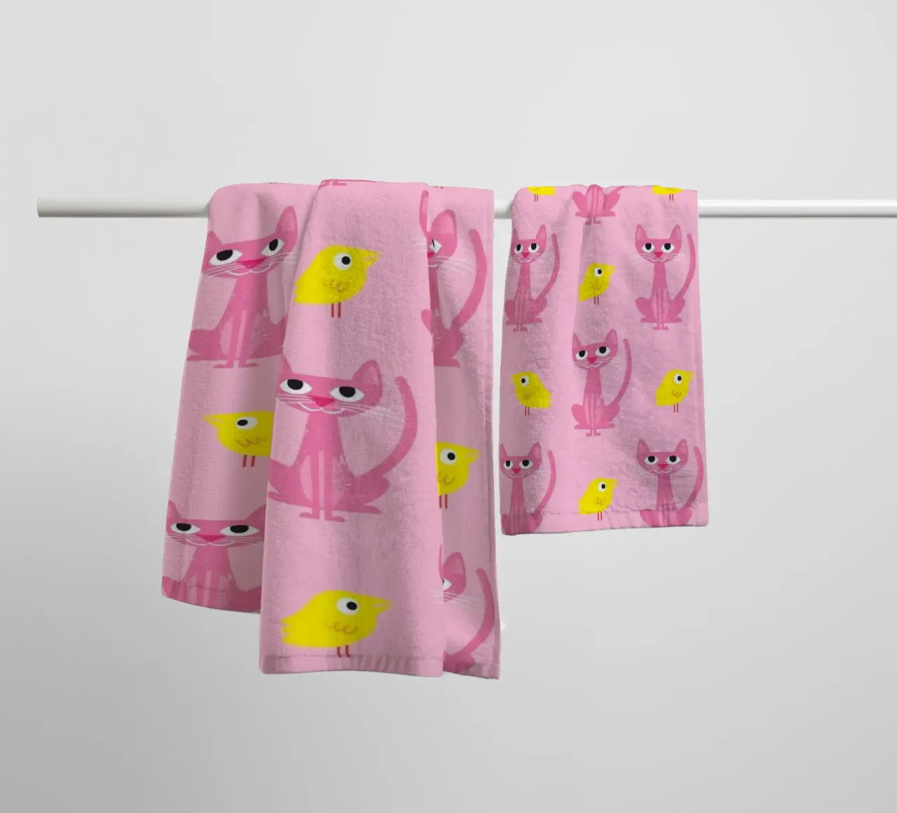Cat and bird 01 towel by Looks n Brains
