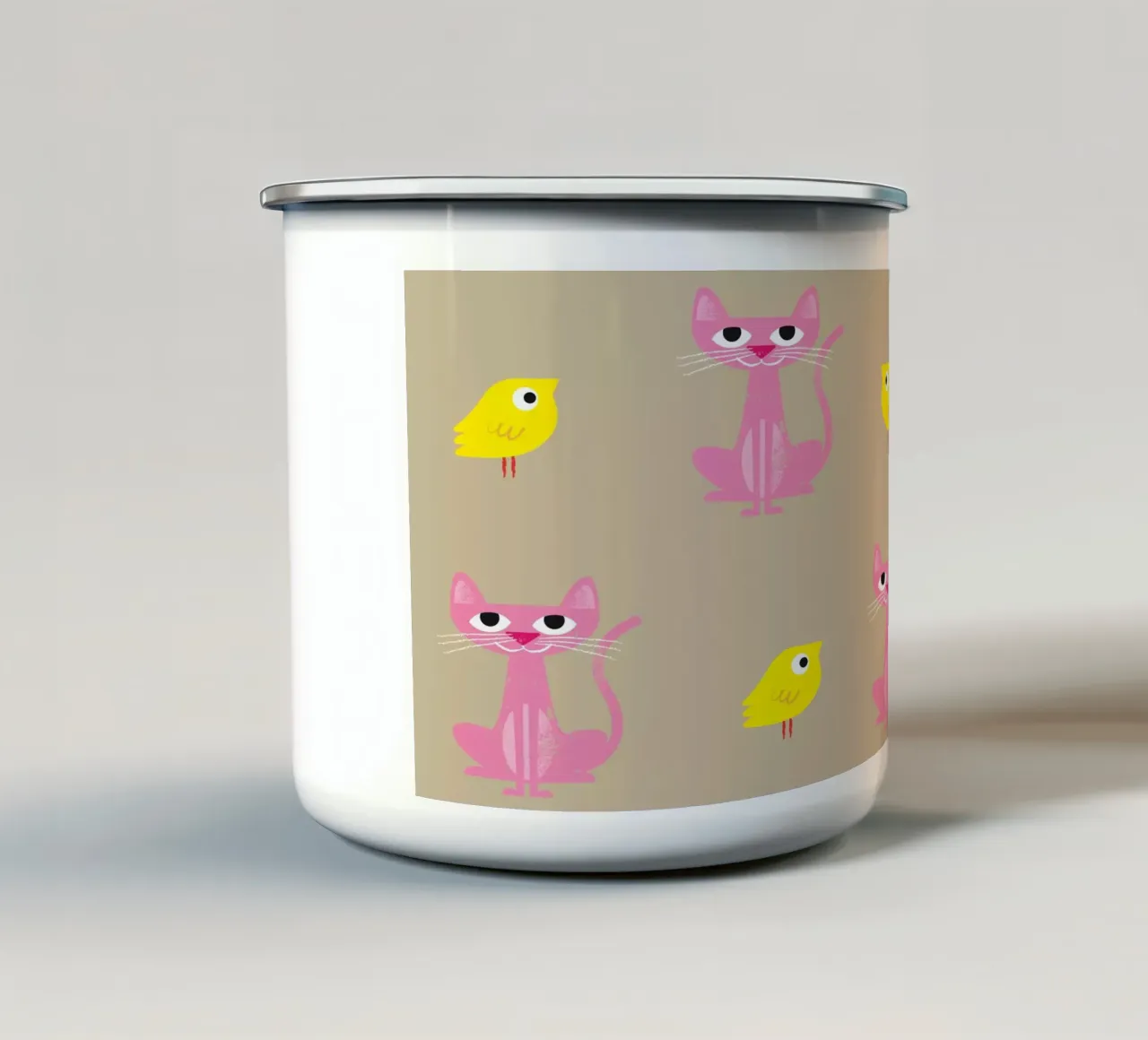 Gatto e uccello 02 tazza in smalto da Looks n Brains