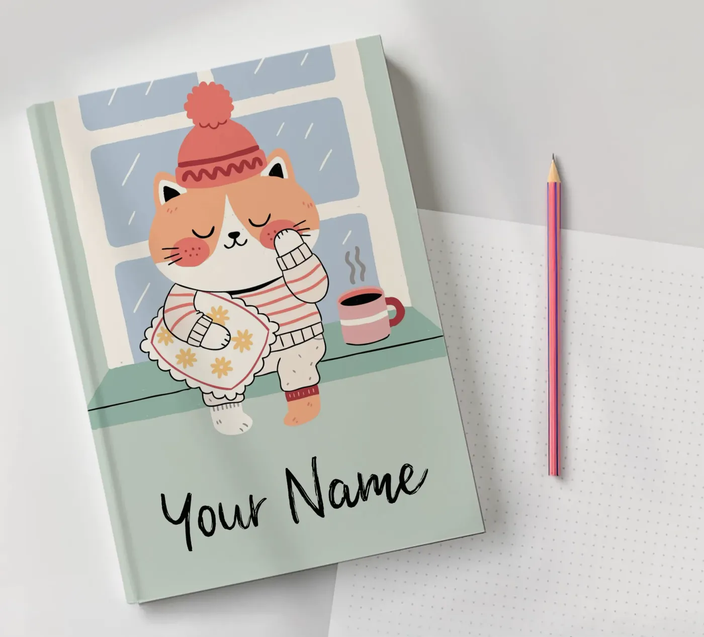 Sleepy Cat with Coffee - Cute Personalisable Pyjama Pet Gift quaderno da mw-art