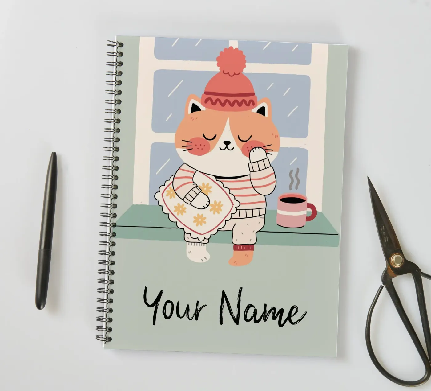 Sleepy Cat with Coffee - Cute Personalisable Pyjama Pet Gift diario ad anelli da mw-art