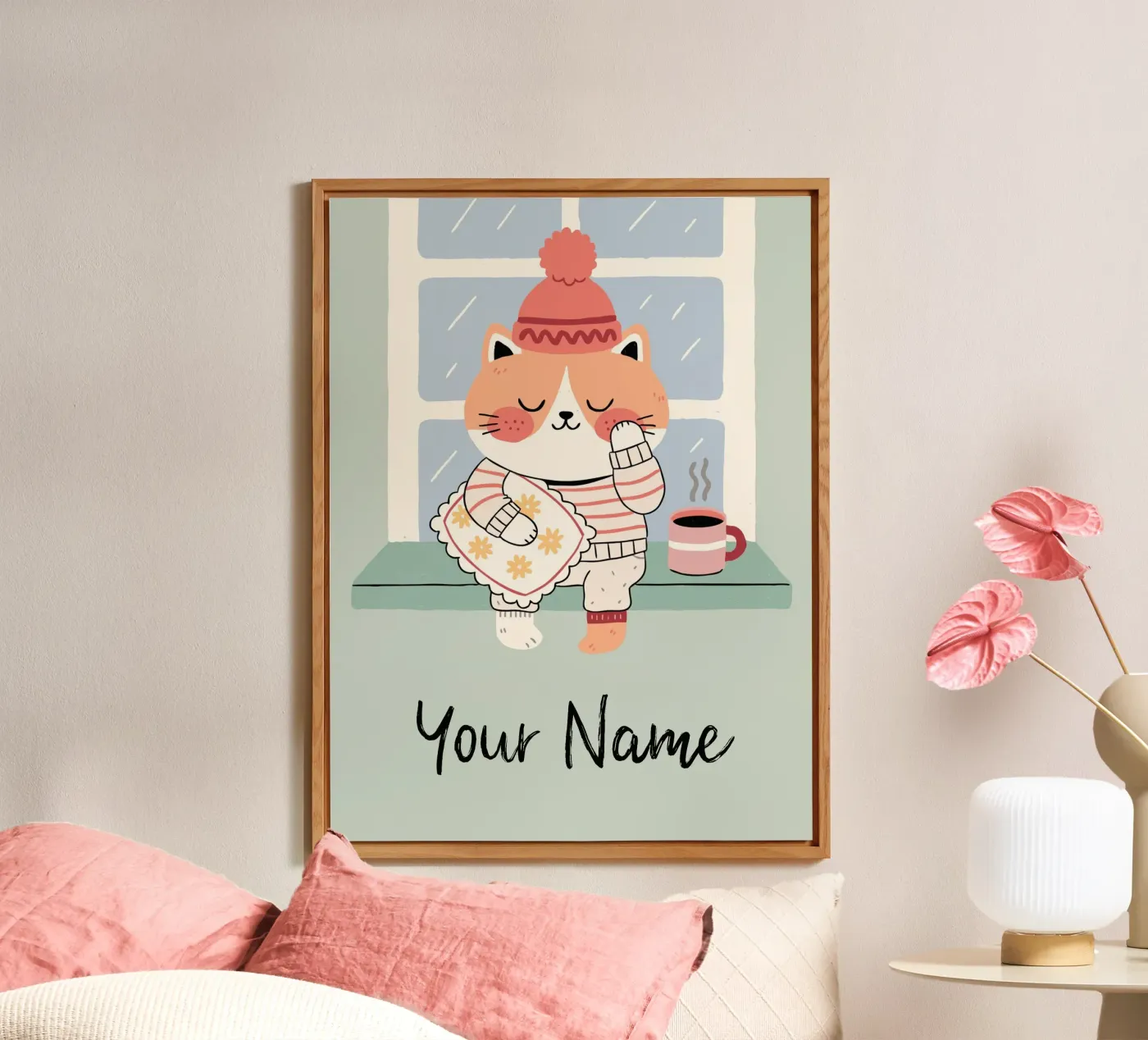 Sleepy Cat with Coffee - Cute Personalisable Pyjama Pet Gift pannello forex da mw-art