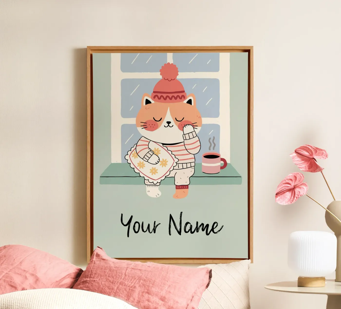 Sleepy Cat with Coffee - Cute Personalisable Pyjama Pet Gift tela da mw-art
