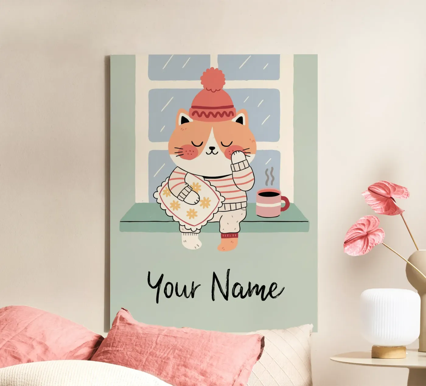 Sleepy Cat with Coffee - Cute Personalisable Pyjama Pet Gift tela da mw-art