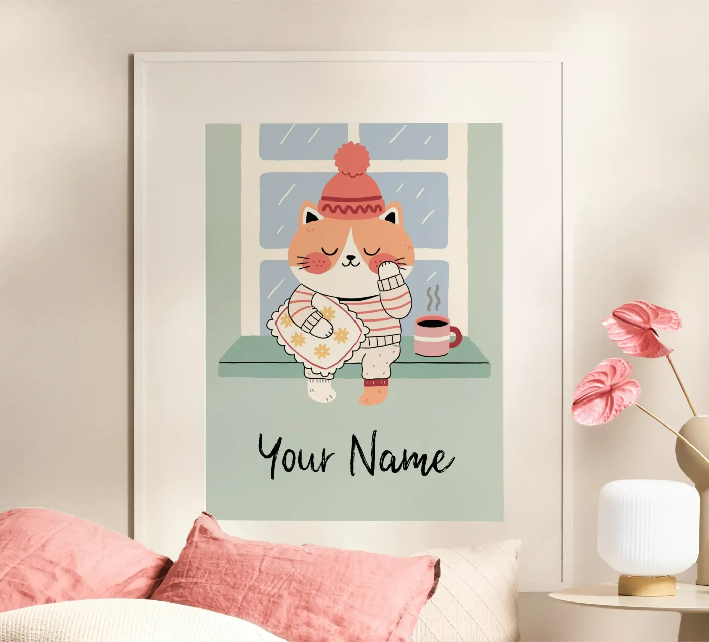 Sleepy Cat with Coffee - Cute Personalisable Pyjama Pet Gift carta hahnemühle da mw-art