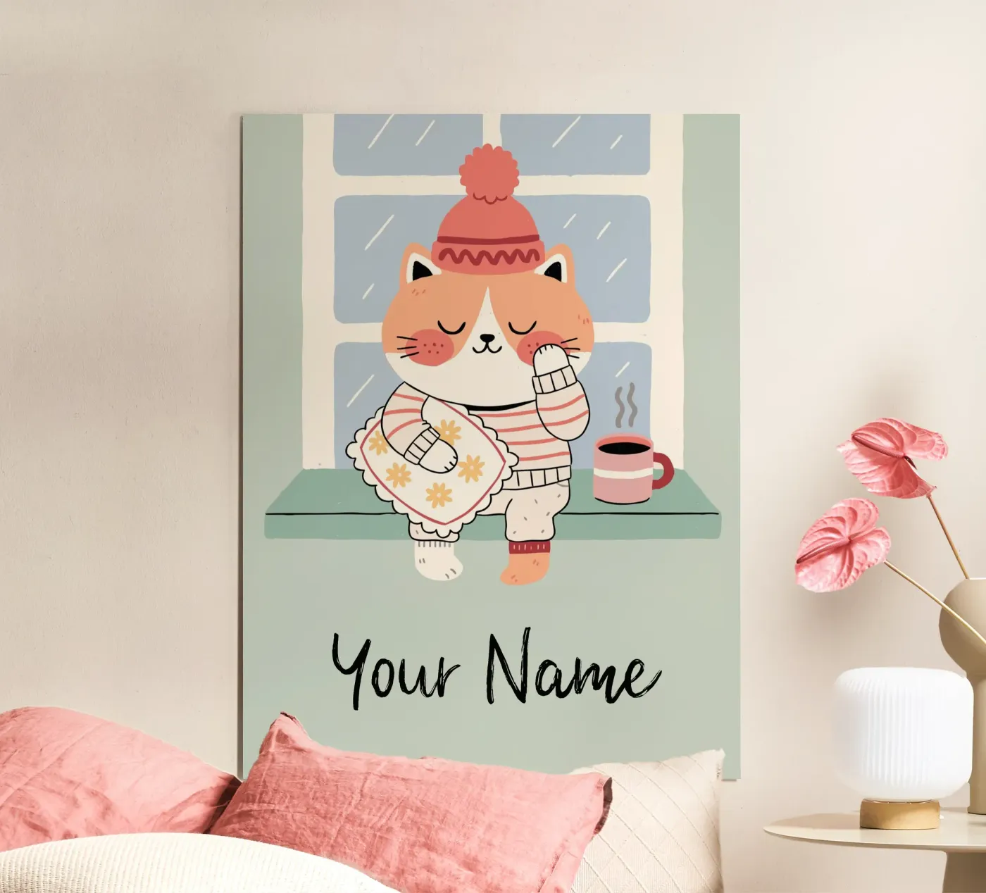 Sleepy Cat with Coffee - Cute Personalisable Pyjama Pet Gift carta hahnemühle da mw-art